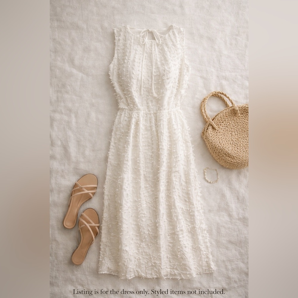 Love Bonito White Textured Midi Dress NWOT Open Back Tie Waist Romantic